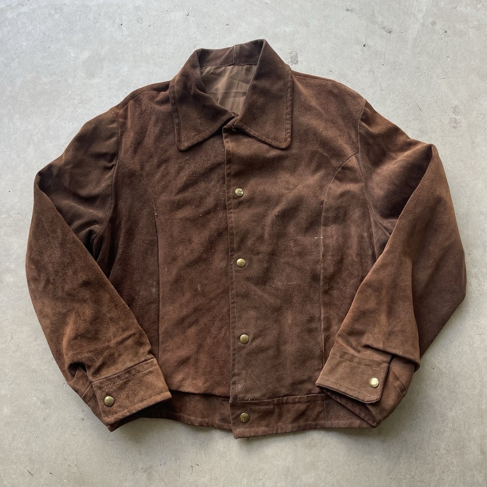 Vintage 1970s Brown Suede Leather Western Trucker Jacket Snap Front USA Made M